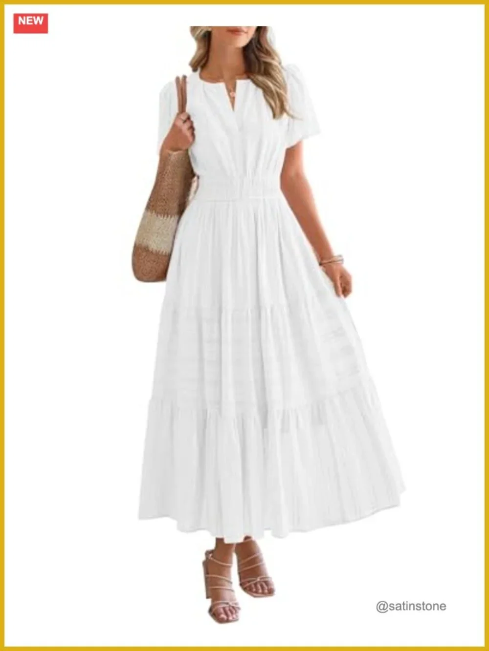 Womens Maxi Dress Short Sleeve V Neck Elastic Waist Tiered Ruffle Beach